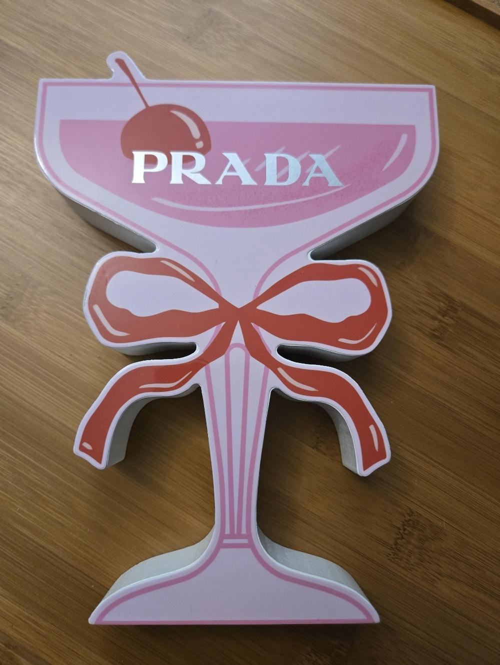 Prada Themed Pink and Red Cocktail Glass Wooden Decor